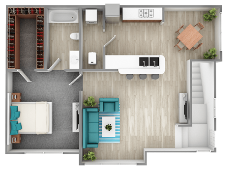 Floor plan for 1 bed, 1 bath, 734 sqft